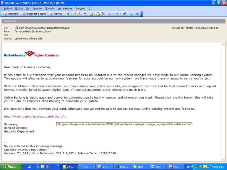 Ejemplo de Phishing de Bank of America