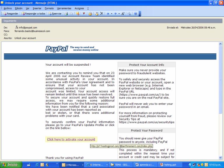 Ejemplo de Phishing de Paypal